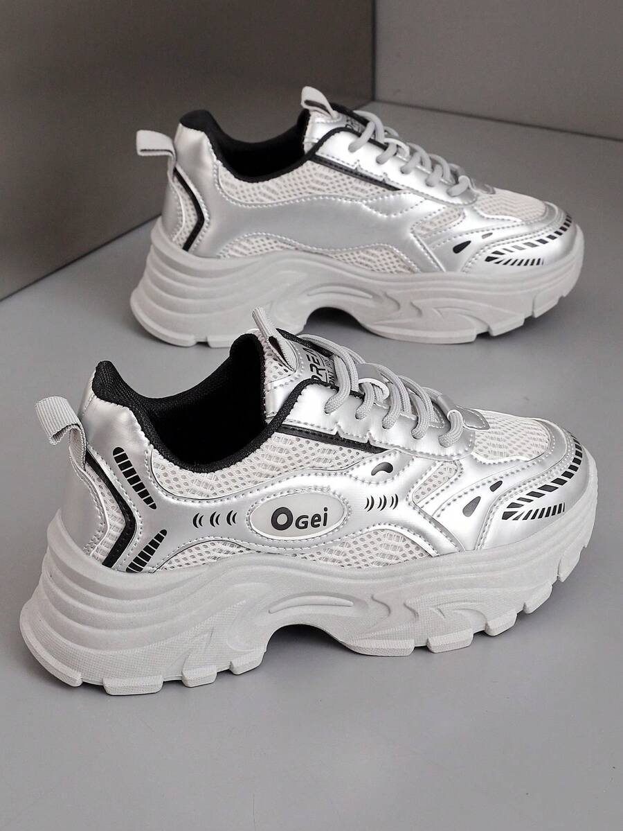 Giày thể thao Chunky Chunky màu bạc dành cho nữ, giày thường ngày ngoài trời đa năng, giày thể thao thời trang hợp thời trang, giày trượt ván phong cách Hàn Quốc dành cho học sinh - Bạc - Xem 1