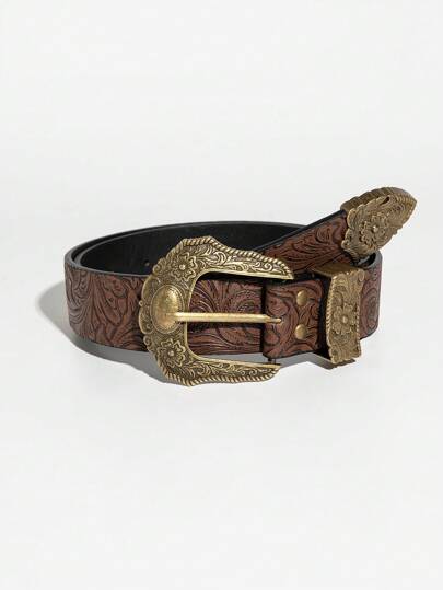 ROMWE Fairycore 1pc Women's Vintage Embossed Western Buckle Leather Belt, Suitable For Music Festivals Decoration Halloween Summer, School Fall, Autumn, Halloween