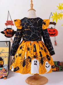 Young Girl Cobweb Cap Sleeve Halloween Party Dress