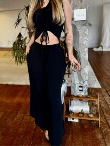 Women's Cropped Set With Tie And Viscolinho Fabric Pants - màu đen - Xem 2