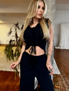 Women's Cropped Set With Tie And Viscolinho Fabric Pants - màu đen - Xem 3