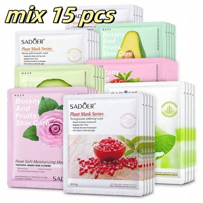 SADOER 1片/15片/30片/50片植物玫瑰面膜保湿面膜多色补水滋养玫瑰、石榴、蜂蜜、芦荟、水果精华面膜洁面后收缩毛孔