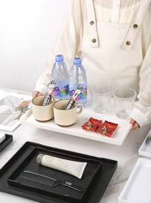 1 Peça Bandeja Quadrada Plástica Minimalista Preta e Branca com Textura de Madeira Falsa e Antiderrapante, Para Xícara de Chá, Toalha, Bandeja Retangular, Copo, Hotel, Armazenamento de Artigos de Higiene do Quarto de Hóspedes