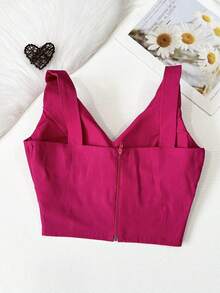 Women's Cropped Top With Bengaline Cups \ Back Strap Zipper - 玫紅色 - 查看 3