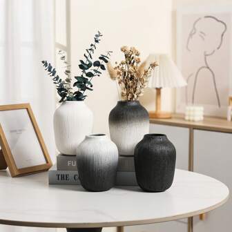 1pc Ceramic Small Flower Vase, Modern Minimalist Handmade Vertical Grooved Vase, Creative Floral Container For Dining Table, Living Room, Balcony, Study, Office, Exhibition Hall, Window Sill, Home Decor Gifts Birthday Graduation