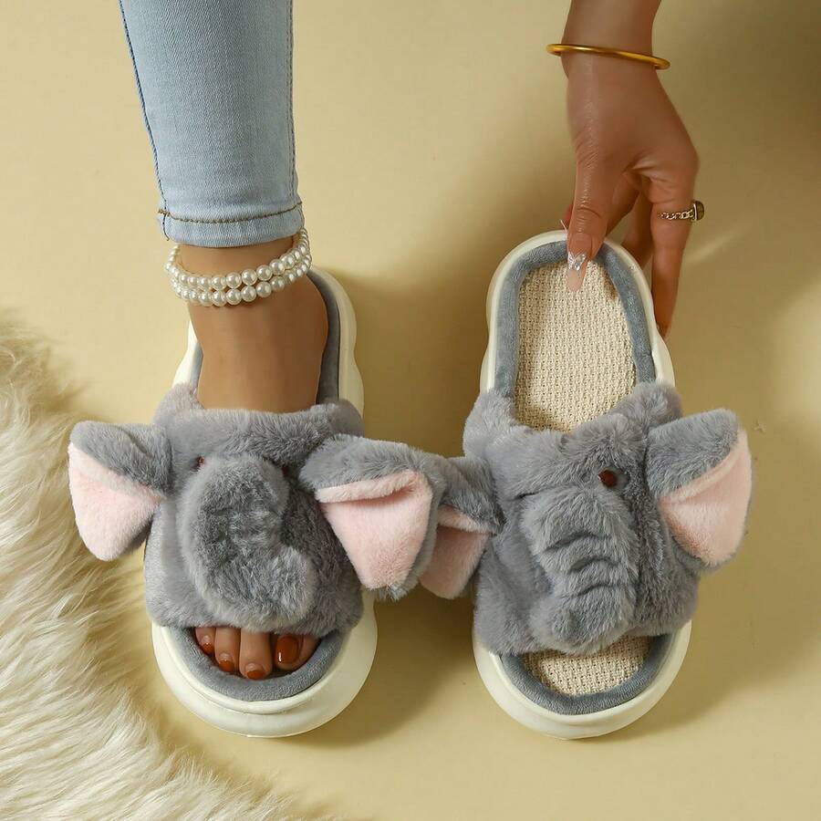 Dép lông voi Cross-Border bán buôn, Dép đi trong nhà dày mềm mại, Dép lông mềm mại ấm áp cho mùa thu/đông - Xám - Xem 1