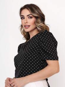 MARILYN MONNA French Women's Blouse Elegant Puff Sleeve Round Neck Comfortable Polka Dots Fashion - 黑色 - 查看 4