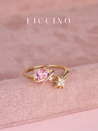  FICCINO Cute & Sweet Pink Heart Shaped Plated Golden Cubic Zirconia Adjustable Ring, Gift For Young Girls & Best Friends, Comes With Box