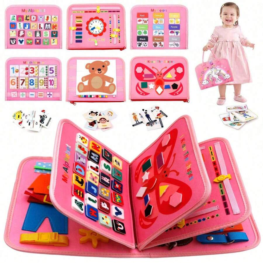 1 件忙碌板蒙特梭利幼儿玩具，感官板玩具，用于学习精细运动技能，安静书旅行玩具，益智飞机旅行活动，适合男孩和女孩的礼物 [随机配件颜色]，忙碌板，忙碌书，女孩玩具 - 粉色 - 查看 1