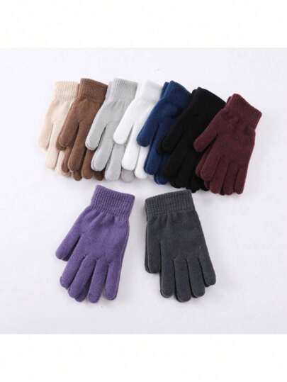 1 Pair Solid Color Knitted Adult Gloves, Thick Thermal Lined Warm Gloves, Finger Separation Design, Suitable For Riding, Cold Weather, Valentine's Day Gift
