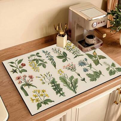 1pc Herb Printed Dish Drying Mat, Kitchen Countertop Absorbent Pad, Bathroom Vanity Drip Mat, Soft Silicone Water Drain Mat For Faucet, Toilet Vanity Coaster, Toilet Anti-Splash Mat, Kitchen & Bathroom Accessories