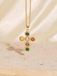 1pc Colar de cruz elegante e versátil, fé religiosa, zircônia cúbica, banhado a ouro, presente de aniversário para amigos