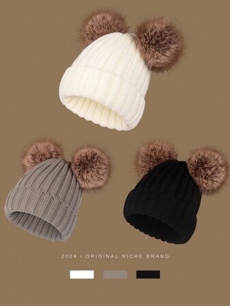 1 件罗纹针织帽，温暖厚实，带双绒球，适合成人万圣节冬季秋季