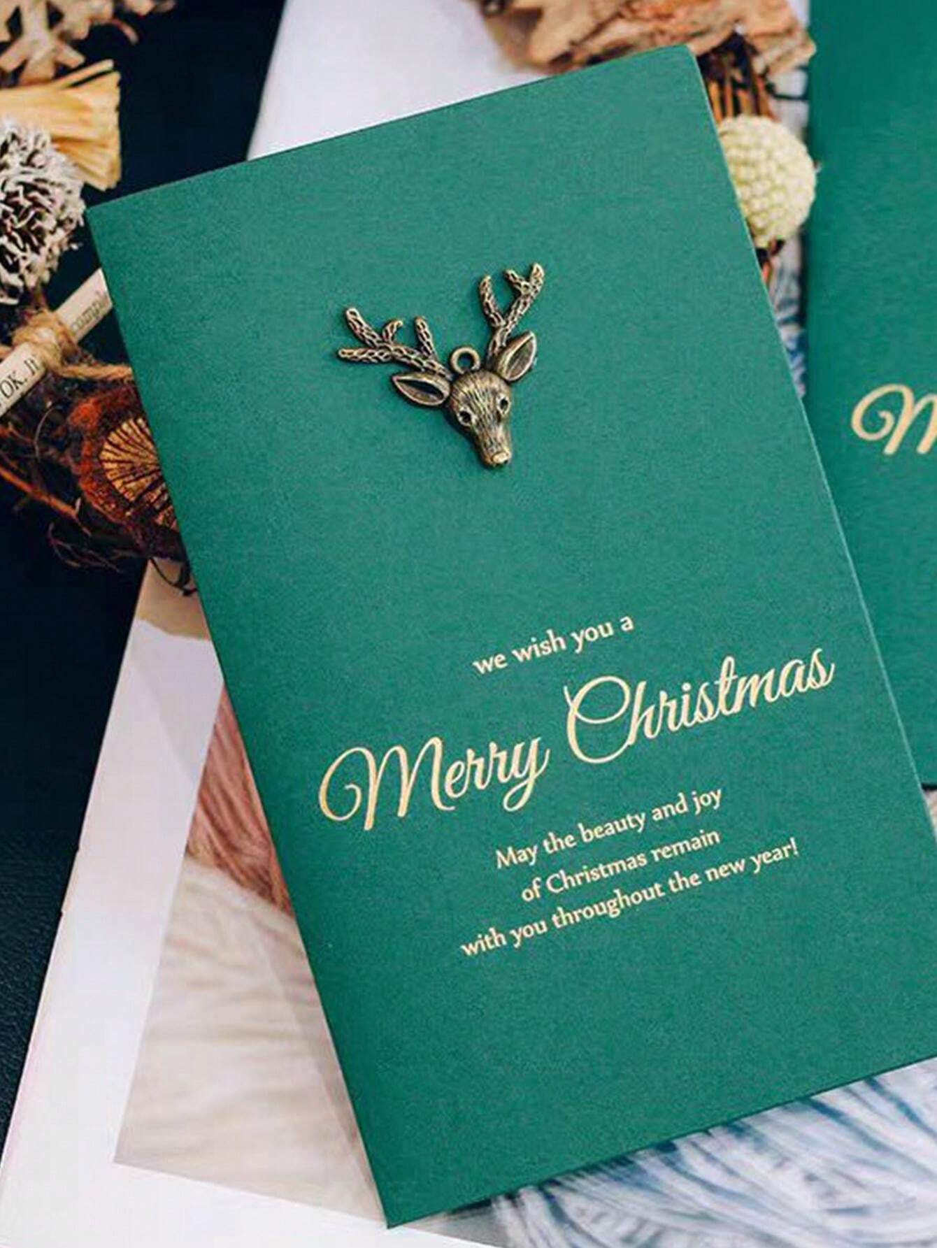 Retro Foil Stamped Christmas Greeting Cards, Gold Metal Postcards With