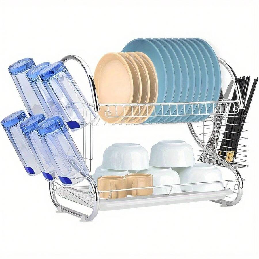 Dish Drainer Rack 2 Tier Plate Drainer Rack Dish Drainer With Utensil Holder Drip Tray Stainless Steel Cutting Board Holder And Dish Dryer - Draining Board Rack With Cup Holder For Kitchen - 變體1 - 查看 1