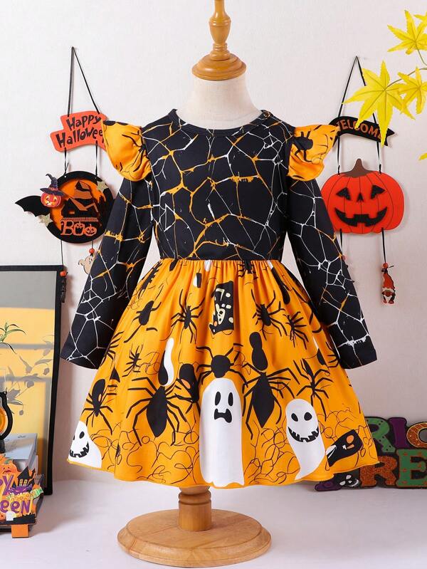 Young Girl Cobweb Cap Sleeve Halloween Party Dress