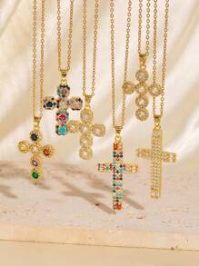 1pc Colar de cruz elegante e versátil, fé religiosa, zircônia cúbica, banhado a ouro, presente de aniversário para amigos