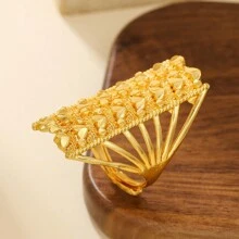 1 件迪拜风格心形雕刻镂空矩形金戒指，带可调节开口，新款女士戒指首饰，适合日常使用情人节 - 金色 - 查看 4