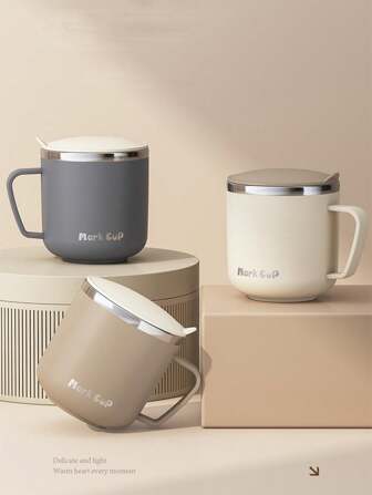 1pc 400ml Stainless Steel Mug, Minimalistic Coffee/Milky White/Gray Round Milk/Coffee Cup For Students & Office Workers, Unisex Household Water Cup With Lid, Heatproof, Anti-Fall Back To School