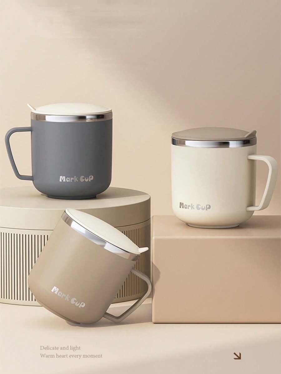 1 Peça Caneca de Aço Inoxidável de 400ml, Minimalista, Branco Café/Leite/Cinza Redondo Copo de Leite/Café para Estudantes e Trabalhadores de Escritório, Copo de Água Unissex para Uso Doméstico com Tampa, à Prova de Calor, Anti-Queda Voltar às Aulas