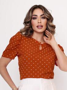 MARILYN MONNA French Women's Blouse Elegant Puff Sleeve Round Neck Comfortable Polka Dots Fashion - 亮橙色 - 查看 1