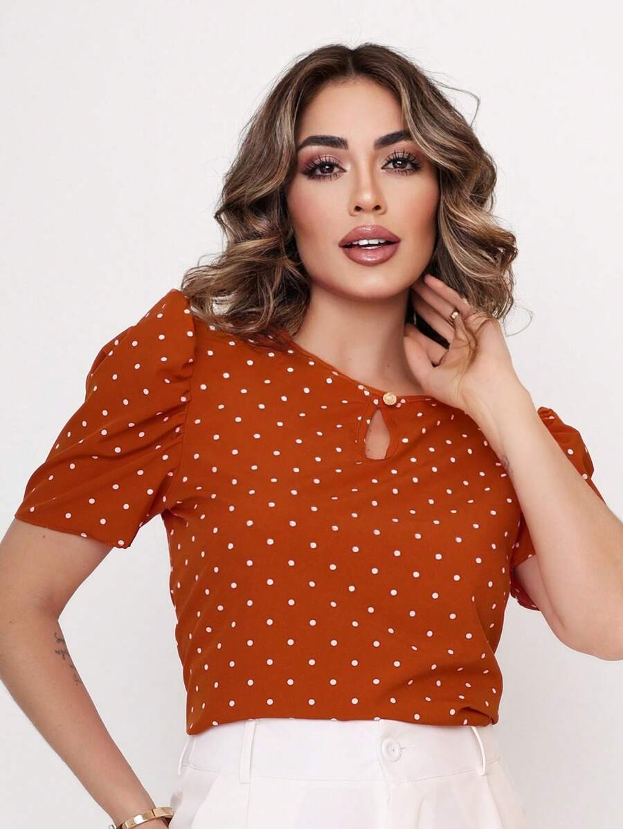 MARILYN MONNA French Women's Blouse Elegant Puff Sleeve Round Neck Comfortable Polka Dots Fashion - 亮橙色 - 查看 1