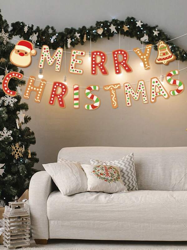 Merry Christmas Santa Claus Gingerbread Man Christmas Party Decoration Pennant Flag Banner