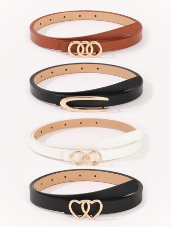 4pcs Women's Golden Styling Buckle Black, White And Brown Versatile Fashion Casual Belt Universal For All Seasons Summer, School Fall, Autumn, Halloween