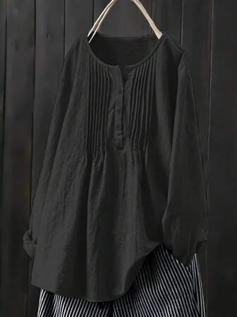 女士休闲圆领褶皱长袖衬衫，舒适百搭，适合日常、工作、海滩、度假、春夏/秋季