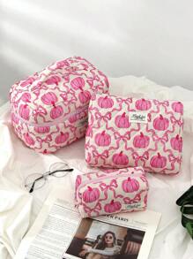1 件/套粉色南瓜蝴蝶结绗缝化妆包，时尚休闲时尚便携式化妆包，多功能，大容量大储物袋，可装钱包、口红、卫生巾、袋垫、硬币、钥匙、耳机、空气盒、有线耳机、电缆、充电器、适配器、耳机和其他配件、可爱洗漱用品收纳袋、旅行储物袋，适合女士、糖果、护士、女学生、学生、礼物。 - 粉色 - 查看 1