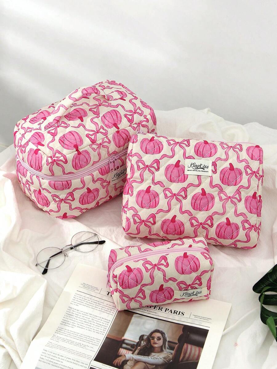 1 件/套粉色南瓜蝴蝶结绗缝化妆包，时尚休闲时尚便携式化妆包，多功能，大容量大储物袋，可装钱包、口红、卫生巾、袋垫、硬币、钥匙、耳机、空气盒、有线耳机、电缆、充电器、适配器、耳机和其他配件、可爱洗漱用品收纳袋、旅行储物袋，适合女士、糖果、护士、女学生、学生、礼物。 - 粉色 - 查看 1