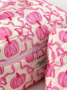 1 件/套粉色南瓜蝴蝶结绗缝化妆包，时尚休闲时尚便携式化妆包，多功能，大容量大储物袋，可装钱包、口红、卫生巾、袋垫、硬币、钥匙、耳机、空气盒、有线耳机、电缆、充电器、适配器、耳机和其他配件、可爱洗漱用品收纳袋、旅行储物袋，适合女士、糖果、护士、女学生、学生、礼物。 - 粉色 - 查看 3