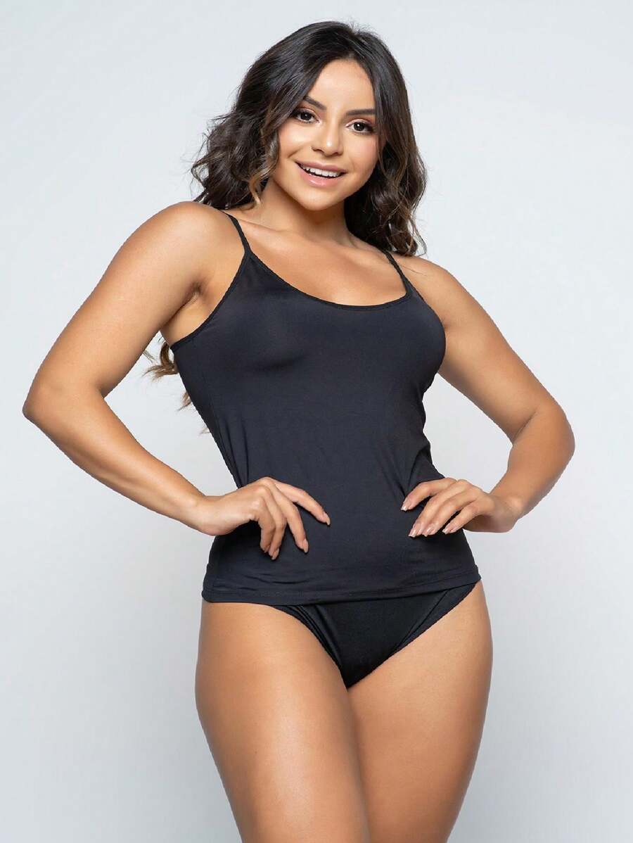 Basic Second Skin T-Shirt Thin Strap Polyamide MAYU Tank Top Blouse Plain Blouse Shaping Straps - màu đen - Xem 1