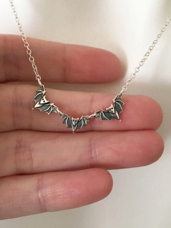 1pc S925 Sterling Silver Halloween Bat Necklace, 3pcs Set Bat Family Necklaces, Bat Lovers Gifts, Mother's Day, Witch Jewelry, Witchcraft, Vintage Personalized Black Bat Choker Necklace, Suitable For Women Daily Wear, Commuting, Retro Party