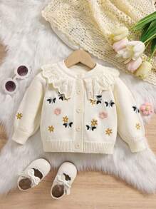 1pc Baby Girls Flower Embroidered Ruffle Collar Cardigan Sweater For Baby Girls, Warm Autumn/Winter - Beige - View 1