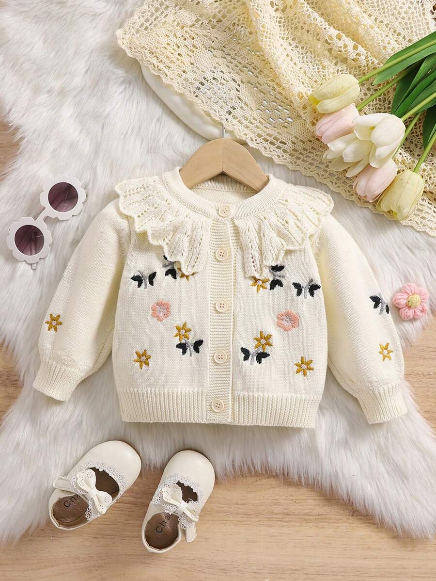 1pc Baby Girls Flower Embroidered Ruffle Collar Cardigan Sweater For Baby Girls, Warm Autumn/Winter - Beige - View 1