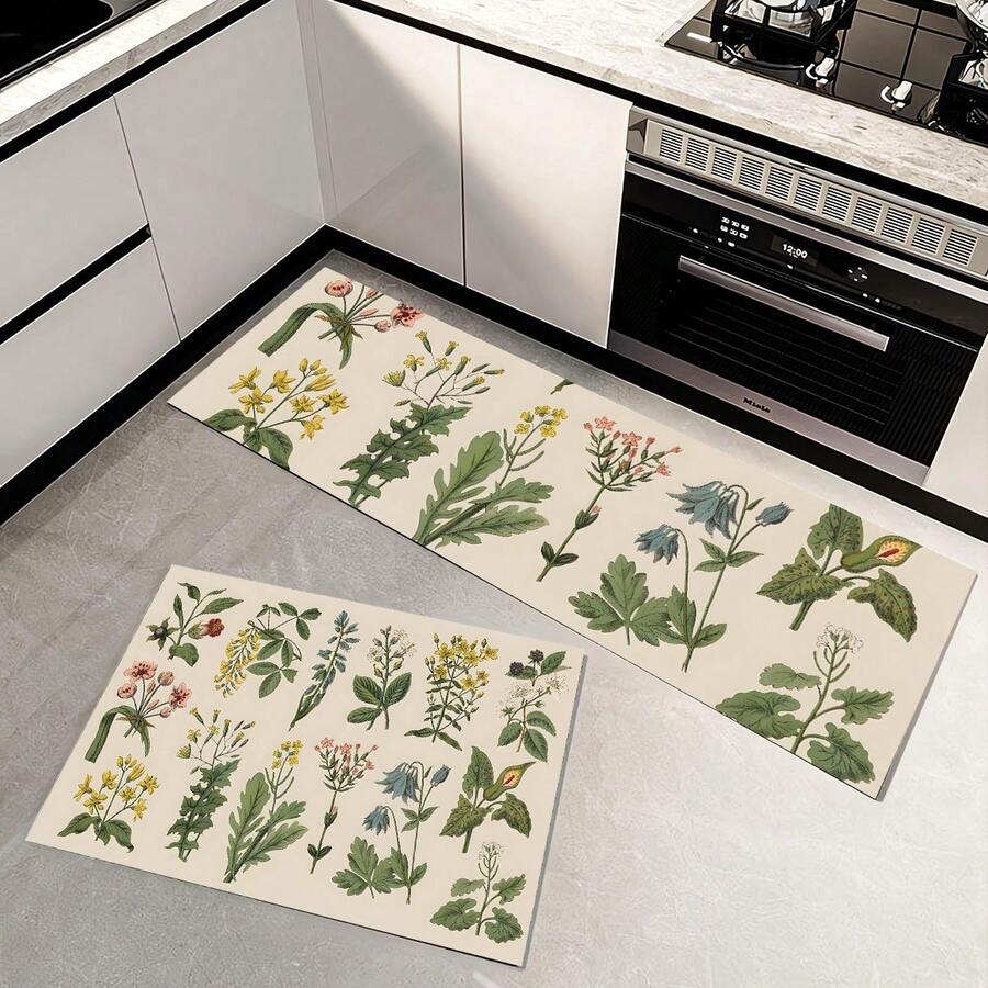 1pc Green Plant Printed Soft & Comfortable Kitchen Mat, AntiOil & Dirt
