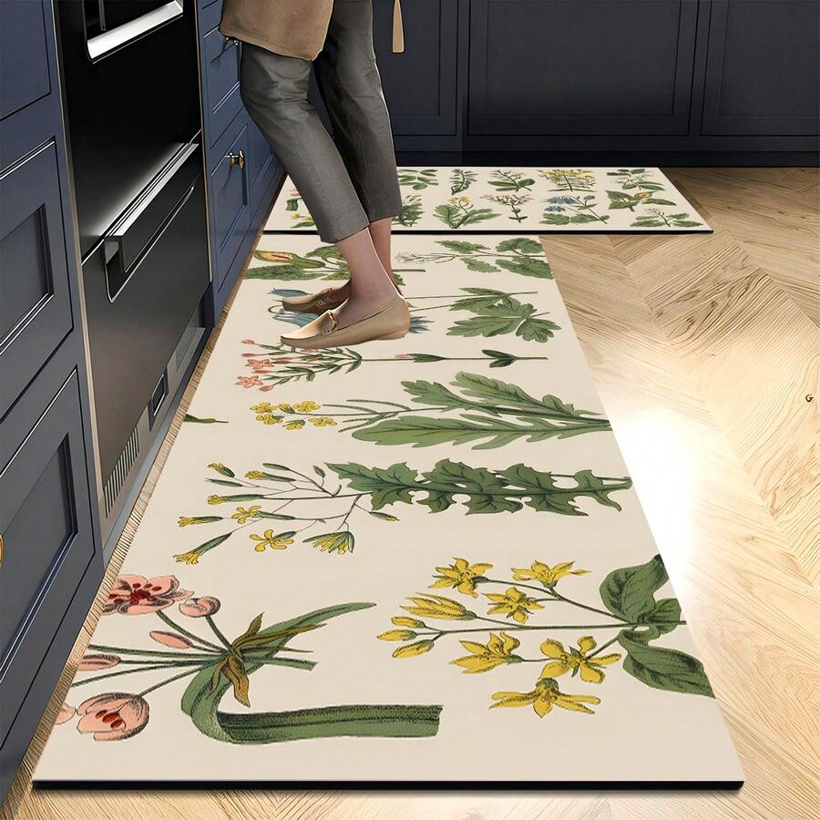 1pc Green Plant Printed Soft & Comfortable Kitchen Mat, AntiOil & Dirt