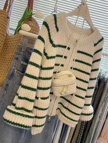 JIANHU 复古休闲风宽松条纹开衫 - 綠色 - 查看 4