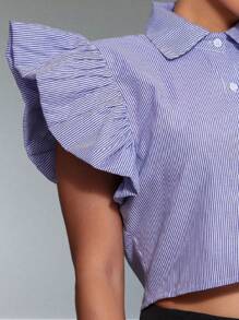 Cropped Tricoline Short Sleeve Blouse - 藍色 - 查看 3