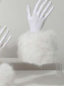 1 件女式仿狐狸毛头带，1 对腕套，蓬松发圈，蓬松头带，暖手器。秋冬保暖配饰，适合万圣节、圣诞节、音乐节、复古派对、角色扮演、表演、户外 - 白色 - 查看 5