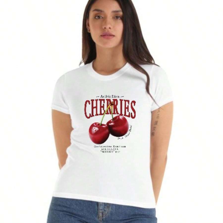 CHOPIS FASHIONS WOMEN'S ROUND NECK SHORT SLEEVE COOL T-SHIRT FOR GYM WITH CHERRY DESIGN - White - View 1
