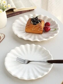 3pcs/Set White Round Floral Lace Porcelain-Like Dinner Plates, French Ruffled Edge Tableware, Commercial Steak Dishes, Vegetable Plates And Cake Plates Christmas Gift - White - View 3