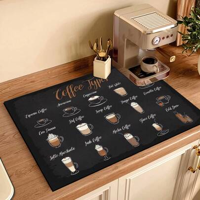 1 件复古咖啡印花排水垫，硅藻土厨房排水垫，可洗吸水垫，隔热，桌面保护，家庭厨房装饰，厨具配件