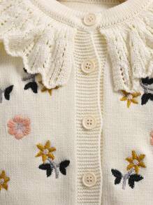 1pc Baby Girls Flower Embroidered Ruffle Collar Cardigan Sweater For Baby Girls, Warm Autumn/Winter - Beige - View 4