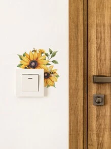 1 pieza Pegatina de interruptor con girasol floral amarillo, pegatina decorativa de pared a prueba de agua con planta verde y flor para sala de estar, entrada, decoración del hogar, artículos de decoración de primavera para renovar tu hogar, pegatinas de decoración de ramas, regalos de cumpleaños y graduación