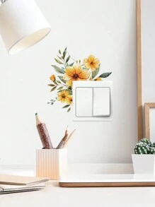 1 pieza Pegatina de interruptor con girasol floral amarillo, pegatina decorativa de pared a prueba de agua con planta verde y flor para sala de estar, entrada, decoración del hogar, artículos de decoración de primavera para renovar tu hogar, pegatinas de decoración de ramas, regalos de cumpleaños y graduación