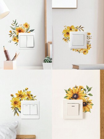 1pc Yellow Floral Sunflower Switch Sticker, Green Plant Flower Decor Wall Switch Waterproof Sticker For Living Room Entrance,Stickers,Wall Decal, Vinyl Decal For Home Decorations,Spring Decoration Items Refresh Your Home,Rama Decoration Stickers Gifts Birthday Graduation