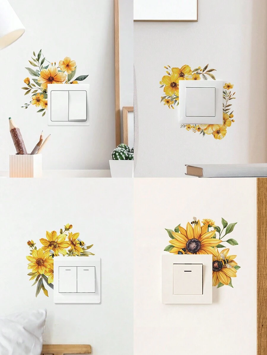 1 pieza Pegatina de interruptor con girasol floral amarillo, pegatina decorativa de pared a prueba de agua con planta verde y flor para sala de estar, entrada, decoración del hogar, artículos de decoración de primavera para renovar tu hogar, pegatinas de decoración de ramas, regalos de cumpleaños y graduación