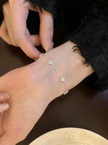 时尚锆石花朵手链纯银女士女孩优雅精致珠宝礼物 - 新四葉草手鍊 - 查看 2